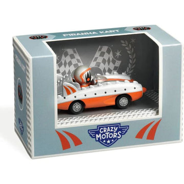 A vibrant toy car named Piranha Kart from Crazy Motors by DJECO, displayed in a clear box. The kart features an orange and silver design with a character wearing a helmet seated inside, set against a checkered race background.
