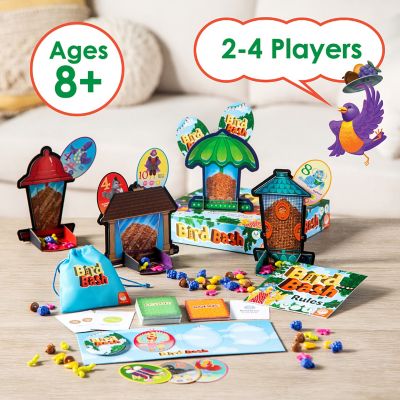 Bird Bash game from MindWare, featuring colorful birdhouses, tokens, and game cards. Designed for 2-4 players, suitable for ages 8 and up. The vibrant packaging displays cheerful illustrations of birds and the game rules laid out on a table.