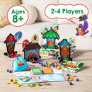 Bird Bash game from MindWare, featuring colorful birdhouses, tokens, and game cards. Designed for 2-4 players, suitable for ages 8 and up. The vibrant packaging displays cheerful illustrations of birds and the game rules laid out on a table.