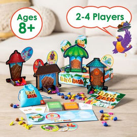 Bird Bash game from MindWare, featuring colorful birdhouses, tokens, and game cards. Designed for 2-4 players, suitable for ages 8 and up. The vibrant packaging displays cheerful illustrations of birds and the game rules laid out on a table.