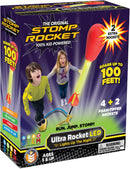 The Ultra LED Stomp Rocket kit, featuring a colorful box with images of two children joyfully playing with the stomp rocket. It includes a launcher, foam-tipped rockets, and promotes STEM learning with fun facts about gravity and trajectory. The rockets soar up to 100 feet and light up at night, making it an exciting outdoor activity for kids aged 5 and up.