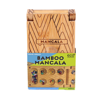 Travel Bamboo Mancala game by Project Genius. The game features a stylish bamboo board with engraved Mancala design, various colorful playing stones, and a compact, portable design, perfect for on-the-go fun. Suitable for ages 6 and up.