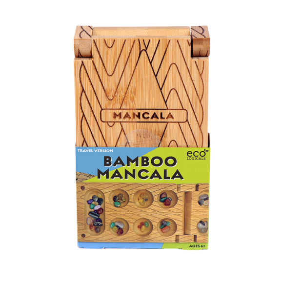 Travel Bamboo Mancala game by Project Genius. The game features a stylish bamboo board with engraved Mancala design, various colorful playing stones, and a compact, portable design, perfect for on-the-go fun. Suitable for ages 6 and up.