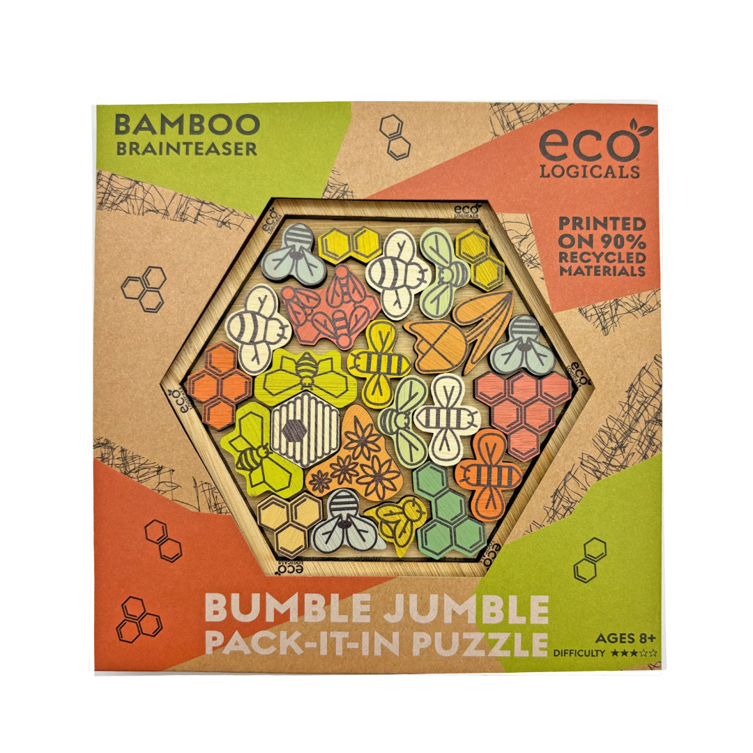 Bumble Jumble mechanical puzzle by Project Genius, presented in eco-friendly packaging featuring vibrant, colorful illustrations of bees and flowers. The unique hexagonal design accommodates various pieces printed on 90% recycled materials and is suitable for ages 8 and above. Rated with a difficulty of four stars, this brainteaser encourages problem-solving and imaginative play.