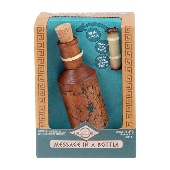 The Message in a Bottle mechanical puzzle by Project Genius is beautifully crafted from wood, resembling a vintage bottle with intricate designs. It includes a rolled-up note inside, encouraging users to write their own messages. The packaging features a vibrant design with instructions on how to use the puzzle and a difficulty level rating of three stars, suitable for ages 8 and up.