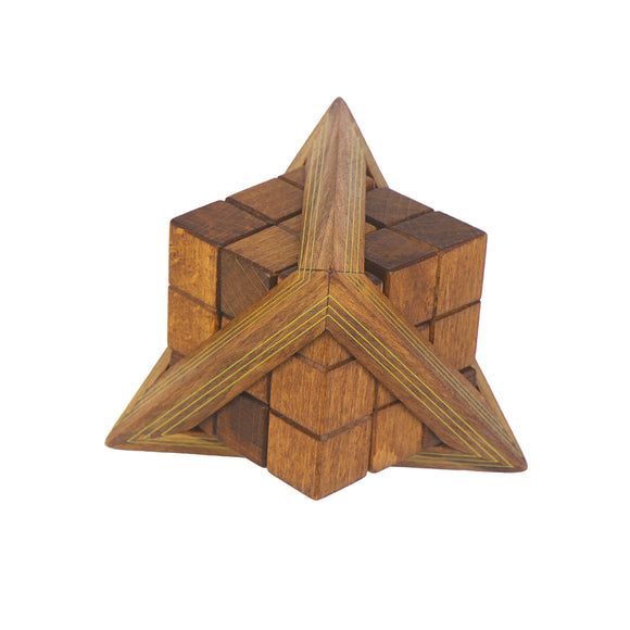 The Egyptian Triglyph by Project Genius is a challenging mechanical puzzle featuring a distinctive star-shaped design made of wooden blocks, intricately detailed with a rich brown finish and green accents. It is designed for those who enjoy problem-solving and hands-on activities, making it an excellent choice for puzzle enthusiasts.