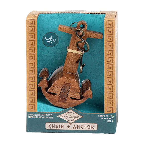 The Chain & Anchor mechanical puzzle by Project Genius features a wooden anchor design held together with intricate, movable pieces. The package highlights that it includes two puzzles in one, with a difficulty level suitable for ages 8 and up. The design is inspired by an ancient artifact, with detailed craftsmanship and a unique aesthetic.