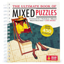 The Ultimate Book of Mixed Puzzles by Cottage Door Press, featuring a woman relaxing in a deck chair while reading. The book cover displays the title, various puzzle types like crosswords, sudokus, and word searches, along with a graphic indicating more than 450 puzzles inside.