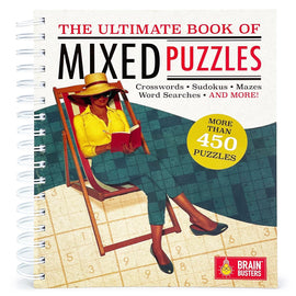 The Ultimate Book of Mixed Puzzles by Cottage Door Press, featuring a woman relaxing in a deck chair while reading. The book cover displays the title, various puzzle types like crosswords, sudokus, and word searches, along with a graphic indicating more than 450 puzzles inside.