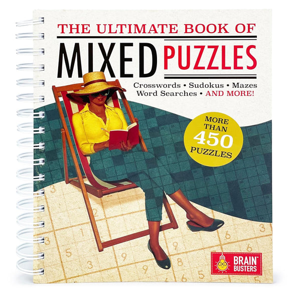 The Ultimate Book of Mixed Puzzles by Cottage Door Press, featuring a woman relaxing in a deck chair while reading. The book cover displays the title, various puzzle types like crosswords, sudokus, and word searches, along with a graphic indicating more than 450 puzzles inside.