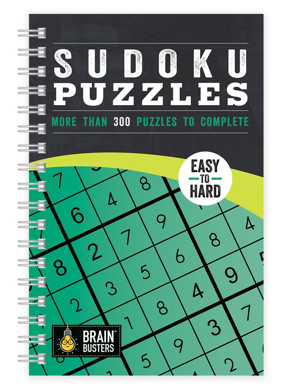 Large print Sudoku Puzzles book featuring over 300 puzzles ranging from easy to hard difficulty levels. The cover is spiral-bound with a bright green Sudoku grid design and the text 'Sudoku Puzzles' prominently displayed.