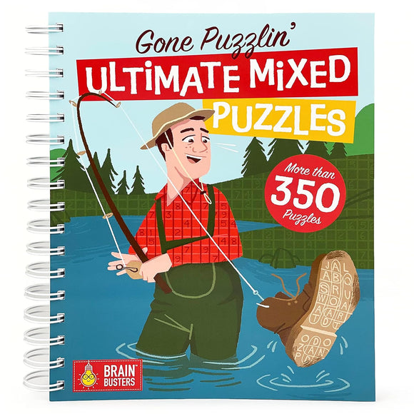 The 'Gone Puzzlin'' book features the title 'Ultimate Mixed Puzzles' on the cover. It shows an illustration of a cheerful man fishing in a river, wearing a red plaid shirt and a straw hat, with woods in the background. Below the fishing man, there's a highlight stating 'More than 350 Puzzles' alongside a graphic of a boot with letters on the sole. The book is spiral-bound, making it easy to flip through the pages for puzzle-solving.