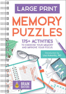 Cover of the 'Large Print Memory Puzzles' book by Cottage Door Press, featuring a vibrant design with a spiral binding. The cover showcases the title in bold letters, emphasizing over 175 activities aimed at exercising memory and improving focus. Accompanying graphics include a notebook, glasses, and other stationery items, highlighting its engaging and practical nature.