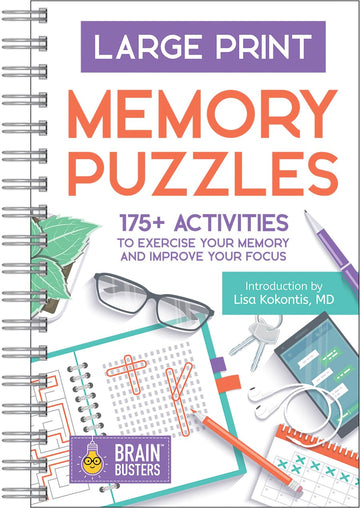 Cover of the 'Large Print Memory Puzzles' book by Cottage Door Press, featuring a vibrant design with a spiral binding. The cover showcases the title in bold letters, emphasizing over 175 activities aimed at exercising memory and improving focus. Accompanying graphics include a notebook, glasses, and other stationery items, highlighting its engaging and practical nature.