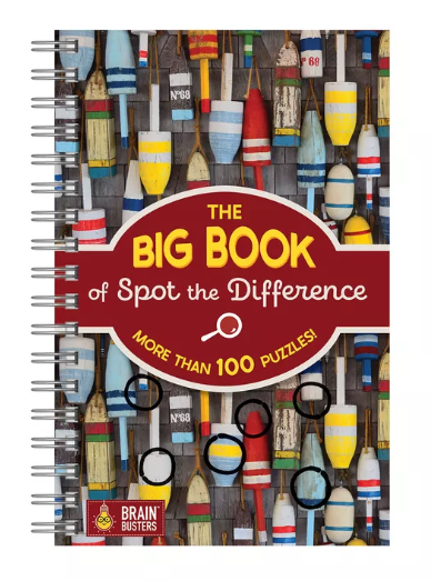Cover of 'The Big Book of Spot the Diff' featuring a variety of colorful fishing floats against a wooden background. The book title is prominently displayed in red with a key symbol, indicating it's filled with more than 100 puzzles designed to challenge and entertain readers.