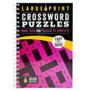 Large Print Crossword Puzzle book featuring over 200 easy-to-solve puzzles. The cover displays bold lettering in black and pink with a spiral binding, designed for easy handling. Ideal for puzzle enthusiasts seeking engaging and fun challenges.