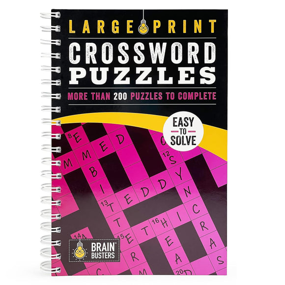 Large Print Crossword Puzzle book featuring over 200 easy-to-solve puzzles. The cover displays bold lettering in black and pink with a spiral binding, designed for easy handling. Ideal for puzzle enthusiasts seeking engaging and fun challenges.