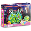 Whack Attack Frogs game by Thin Air Brands, featuring a colorful frog design with green frogs popping up from holes. Includes a mallet for gameplay, suitable for ages 3 and up. The box features images of children playing and key information like LCD scoring and sound effects.