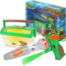The Bug Hunter Set by Thin Air Brands features a vibrant green bug vacuum with a clear collection chamber and a critter barn for observing captured bugs. The packaging showcases the set's fun design and includes a night vision light, making it perfect for young explorers interested in nature and insects.