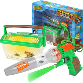 The Bug Hunter Set by Thin Air Brands features a vibrant green bug vacuum with a clear collection chamber and a critter barn for observing captured bugs. The packaging showcases the set's fun design and includes a night vision light, making it perfect for young explorers interested in nature and insects.