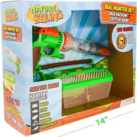 The Bug Hunter Set by Thin Air Brands features a vibrant green bug vacuum with a clear canister for capturing insects, a critter barn habitat for observing bugs and small creatures, and an instruction manual. Ideal for outdoor exploration, this playful kit encourages children to learn about nature while they catch and observe various insects and creatures.