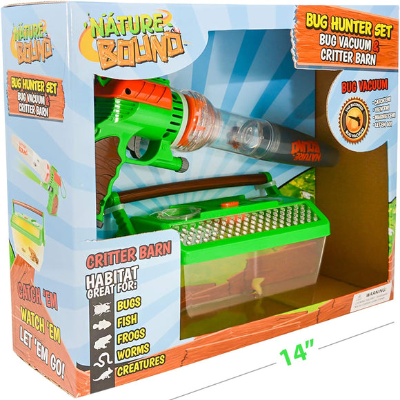 The Bug Hunter Set by Thin Air Brands features a vibrant green bug vacuum with a clear canister for capturing insects, a critter barn habitat for observing bugs and small creatures, and an instruction manual. Ideal for outdoor exploration, this playful kit encourages children to learn about nature while they catch and observe various insects and creatures.