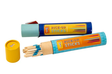Two tubes of Pick Up Sticks game by MAjigg, featuring colorful designs. One tube is partially open, showing the wooden sticks inside. The cap of the game is in yellow.