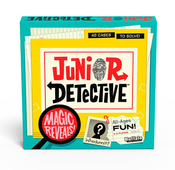 The Junior Detective game by Buffalo Games features a colorful box showcasing the title with a fingerprint graphic and a magnifying glass. It promises 40 cases to solve, highlighting 'Magic Reveals!' and stating it's suitable for 2-6 players ages 8 and up.
