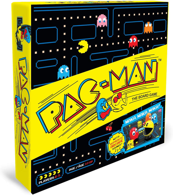 Pac-Man The Board Game by Buffalo Games featuring vibrant graphics that capture the classic arcade game aesthetic. The box is bright yellow with illustrated characters from the game including Pac-Man and ghosts. It clearly states 'Players 2-5' and 'Age 10 & Up' along with the phrase 'WAKA WAKA!' emphasizing the nostalgic fun of this interactive board game.