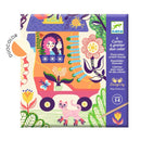 DJECO Wacky Houses Duel-Color Scratch Cards kit featuring vibrant illustrations, showcasing a whimsical roller skate house with flowers, a cat on wheels, and playful characters. Designed by Maja Andersen, this DIY art kit includes 4 scratch boards for creative fun, suitable for children aged 5-8.
