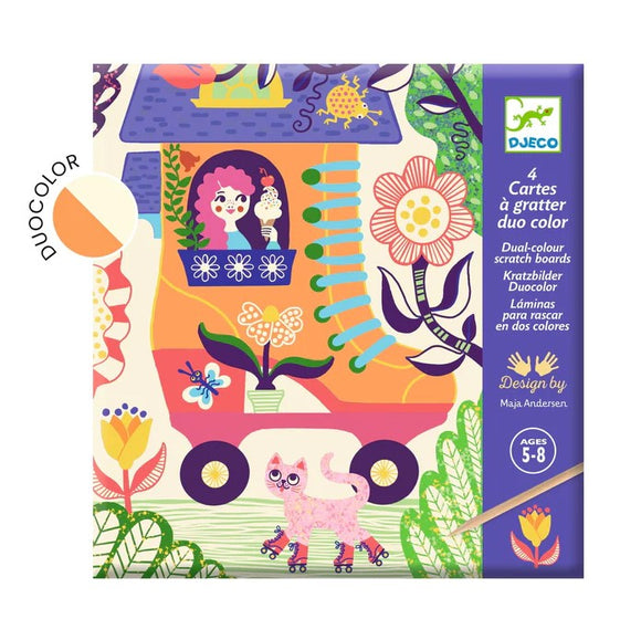 DJECO Wacky Houses Duel-Color Scratch Cards kit featuring vibrant illustrations, showcasing a whimsical roller skate house with flowers, a cat on wheels, and playful characters. Designed by Maja Andersen, this DIY art kit includes 4 scratch boards for creative fun, suitable for children aged 5-8.