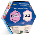 The Alphabet Puzzle Pairs by Eeboo features a hexagon-shaped box illustrated with a zebra and the letter 'Z'. It includes 33 self-correcting puzzle pairs designed as a pre-reading activity to aid children in letter recognition and early reading skills. The vibrant packaging attracts young learners, emphasizing fun and education.