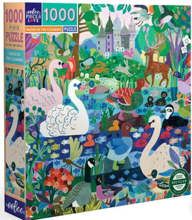 A colorful 1000-piece jigsaw puzzle titled 'Ducks in the Clearing' by Eeboo. The puzzle features a vibrant illustration of a natural scene with various ducks, swans, and other wildlife surrounded by lush greenery, flowers, and a whimsical castle in the background. The box displays a playful and engaging design, ideal for puzzle enthusiasts who appreciate nature themes.