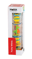 The Twirly Whirly by Halilit is a colorful toy designed for sensory play. It features transparent containers filled with vibrant beads and moving elements, including a yellow half-sphere and a green spinning gadget. The packaging is bright and inviting, making it perfect for engaging young children in visual and tactile exploration.