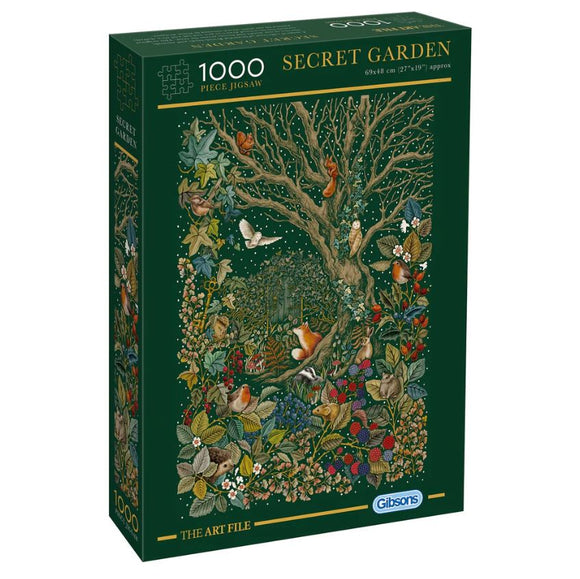 Gibson's Secret Garden jigsaw puzzle featuring a vibrant and intricate illustration of a lush garden filled with trees, animals, and flowers. This 1000-piece puzzle measures 27 by 19 inches when completed, offering a delightful challenge for puzzle enthusiasts and nature lovers alike. The colorful artwork invites users to immerse themselves in a peaceful outdoor scene.