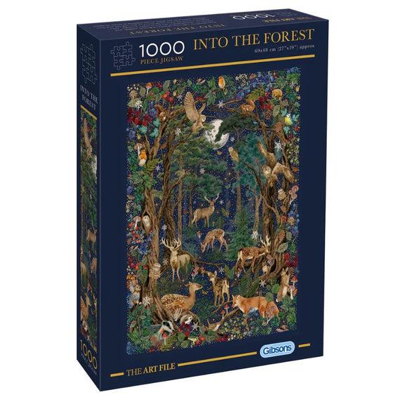 A beautifully illustrated jigsaw puzzle titled 'Into the Forest' by Gibsons, featuring a vibrant scene filled with woodland animals, trees, and flowers. The 1000-piece puzzle measures approximately 69x48 cm (27x19 inches) and showcases detail-rich art that highlights the beauty of nature.