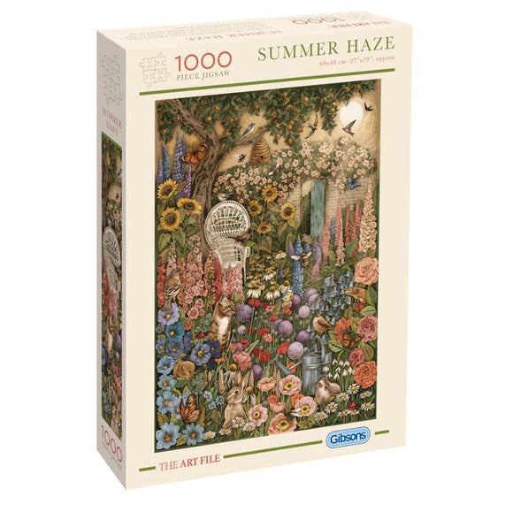 The Summer Haze jigsaw puzzle by Gibsons features a vibrant, detailed illustration of a lush garden scene filled with flowers, birds, and small animals. The puzzle includes 1000 pieces and measures approximately 27 x 19 inches when completed.