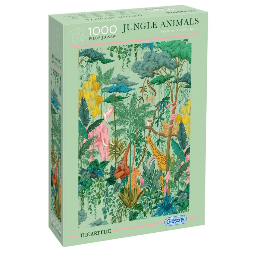 A vibrant 1000-piece jigsaw puzzle titled 'Jungle Animals' by Gibsons. The puzzle features an intricate illustration of various jungle animals, including colorful flamingos, a sleek leopard, and an adorable orangutan amidst lush green foliage and tropical plants, all beautifully arranged in a lively jungle scene.