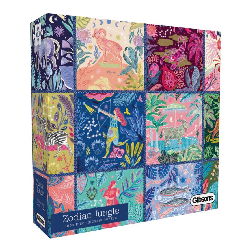 Zodiac Jungle is a vibrant 1000-piece jigsaw puzzle by Gibsons. The box features a colorful collage of zodiac animals and lush jungle foliage, perfect for puzzle enthusiasts.