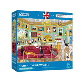 The 'Night at the Meowseum' jigsaw puzzle by Gibsons features a whimsical scene filled with various cats lounging in a museum. The vibrant artwork displays a cozy room adorned with framed cat portraits, a grand chandelier, and a red velvet couch, inviting puzzlers to enjoy the charming details. This 1000-piece puzzle is designed by Kate Mawdsley and brings a delightful twist to traditional puzzle art.