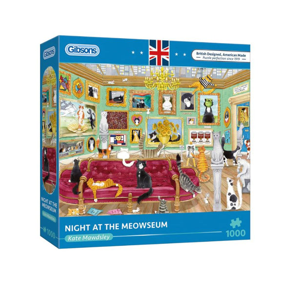 The 'Night at the Meowseum' jigsaw puzzle by Gibsons features a whimsical scene filled with various cats lounging in a museum. The vibrant artwork displays a cozy room adorned with framed cat portraits, a grand chandelier, and a red velvet couch, inviting puzzlers to enjoy the charming details. This 1000-piece puzzle is designed by Kate Mawdsley and brings a delightful twist to traditional puzzle art.