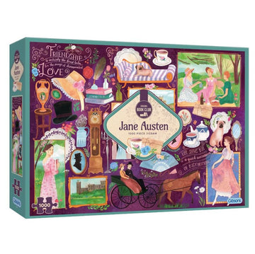 Gibson's Book Club Jane Austen jigsaw puzzle featuring 1000 intricately designed pieces. The box cover showcases a vibrant collage of illustrations representing themes from Jane Austen's novels, including characters, quotes, and iconic imagery associated with her works, creating an engaging and nostalgic puzzle experience.