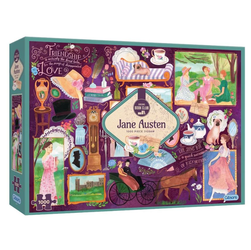 Gibson's Book Club Jane Austen jigsaw puzzle featuring 1000 intricately designed pieces. The box cover showcases a vibrant collage of illustrations representing themes from Jane Austen's novels, including characters, quotes, and iconic imagery associated with her works, creating an engaging and nostalgic puzzle experience.