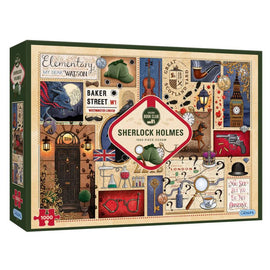 Gibson Book Club Sherlock Holmes 1000 piece jigsaw puzzle featuring a collage of iconic symbols and imagery associated with Sherlock Holmes. The box showcases elements like Baker Street signage, a deerstalker hat, a magnifying glass, and Victorian-era illustrations that evoke the mystery and adventure of Holmes' stories.