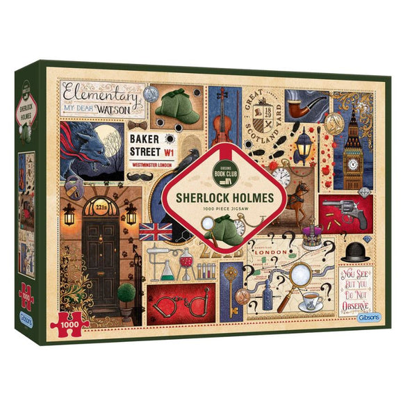 Gibson Book Club Sherlock Holmes 1000 piece jigsaw puzzle featuring a collage of iconic symbols and imagery associated with Sherlock Holmes. The box showcases elements like Baker Street signage, a deerstalker hat, a magnifying glass, and Victorian-era illustrations that evoke the mystery and adventure of Holmes' stories.
