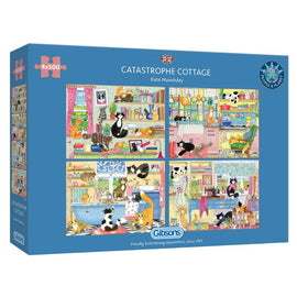 Catastrophe Cottage jigsaw puzzle by Gibsons featuring whimsical and colorful illustrations of a cozy cottage scene filled with playful cats, books, and kitchen items. The box displays four 500-piece puzzles, each depicting different rooms within the cottage, emphasizing a charming and chaotic atmosphere.