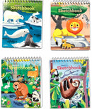Four colorful small sketchbooks featuring animals in the wild. The covers display a polar bear and walrus, a lion with cubs, a bear with various wildlife, and a sloth hanging in a tree. Each sketchbook is spiral-bound and showcases vibrant, whimsical illustrations that inspire creativity and connection with nature.