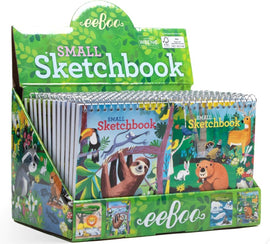 Display of eeboo's Small Sketchbook Animals in the Wild, featuring spiral-bound sketchbooks adorned with colorful illustrations of various animals, including a sloth, toucan, and deer. Perfect for budding artists to inspire creativity and exploration of nature.
