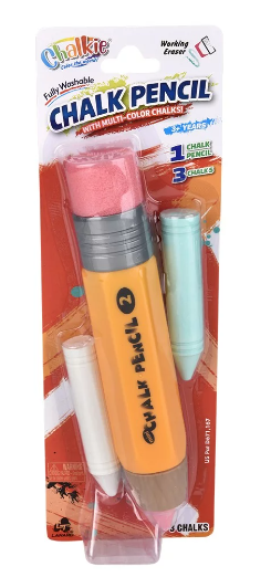 Chalk Pencil with multi-color chalks, featuring a yellow and gray pencil design along with three chalk sticks in various colors. The packaging highlights the product's washable feature and includes an eraser tip for easy cleanup.