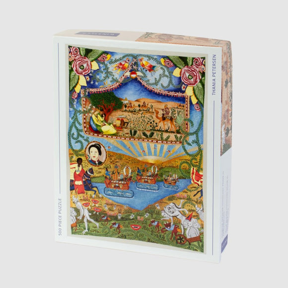 Drowned Bodies Never Die jigsaw puzzle by Kinstler features a vibrant and intricate illustration depicting various scenes and characters. The puzzle consists of 500 pieces and showcases a colorful landscape with figures engaged in activities around a river, enhancing the enjoyment of puzzling for both adults and children.